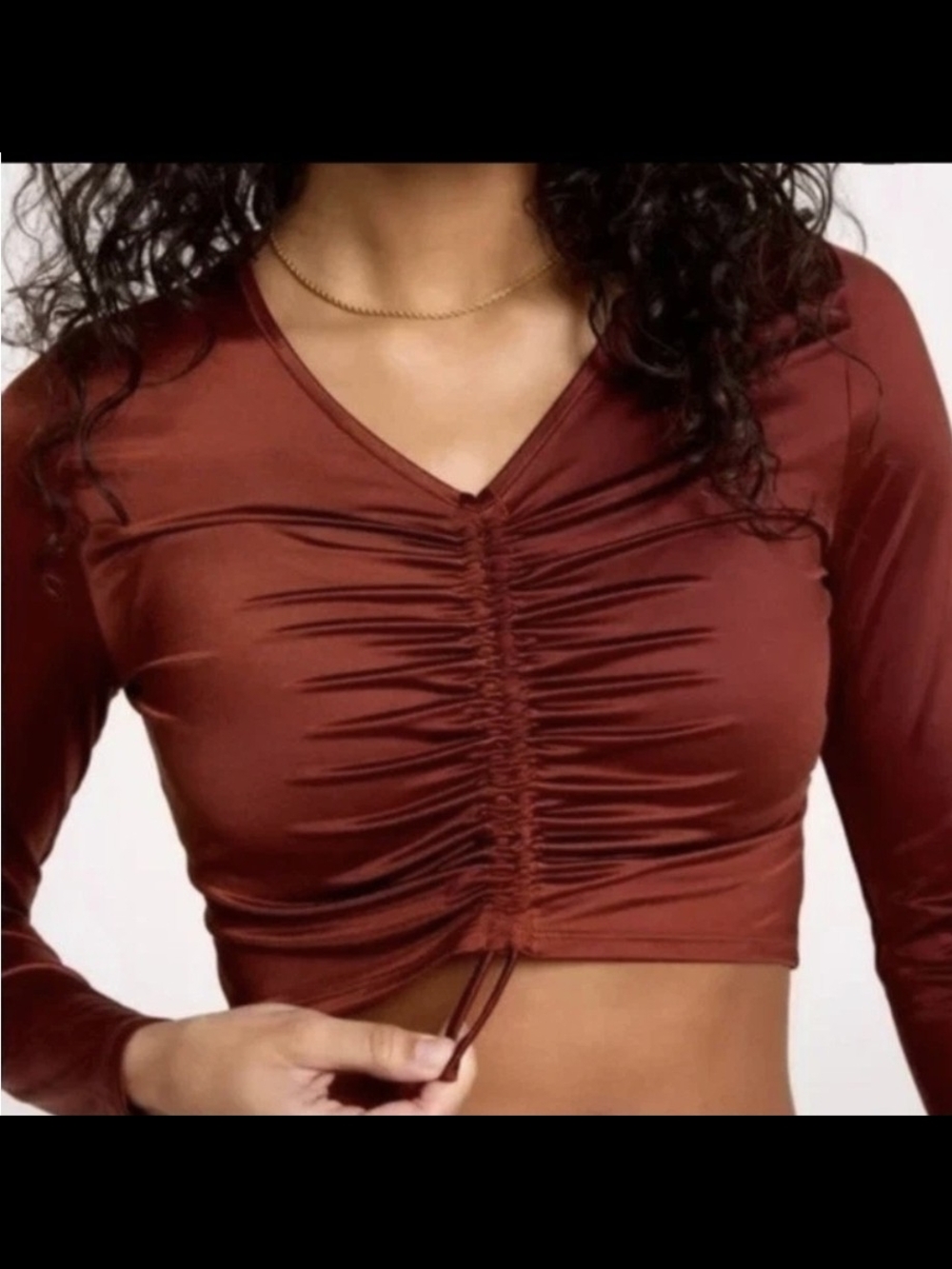Calia Ruched Rashguard V-Neck Swim Crop Top in Red Brown Shine Size XS
